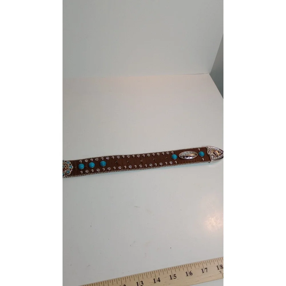 WB Atlas Brown Leather Blue Crystal Jeweled Western Belt Silver Buckle XL 48